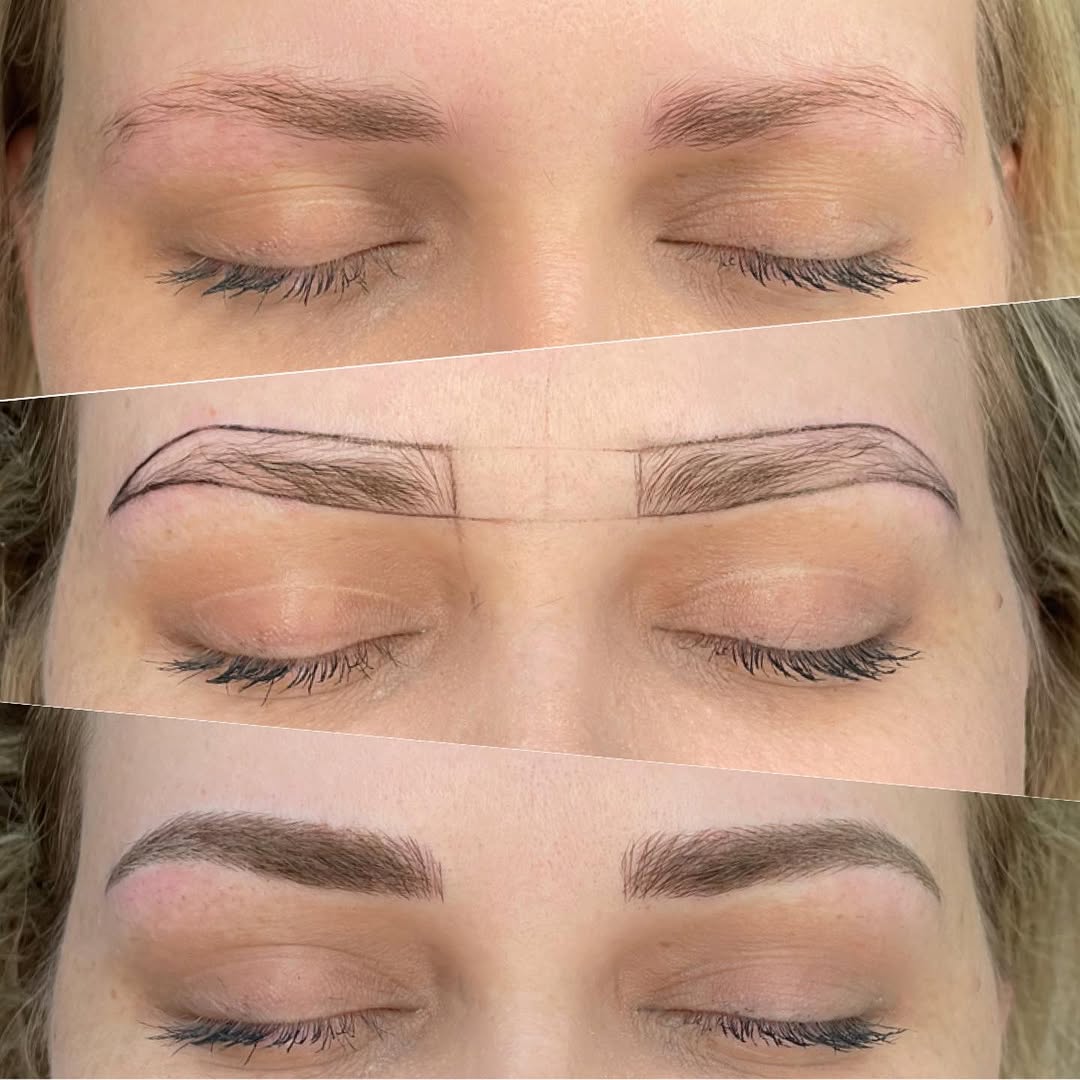 Brow mapping by Dasha — before, drawn shape, and healed result